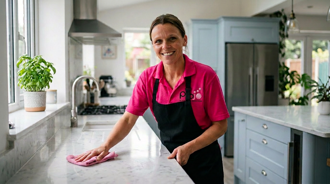 Projo cleaner polishing a marble kitchen counter